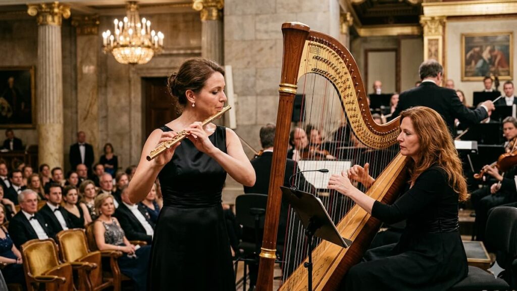 Músicos interpretan una obra para flauta y arpa