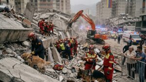 Rescatistas trabajan entre los escombros en Venezuela.
