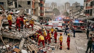 Equipos de rescate trabajan entre los escombros tras el terremoto en Venezuela.