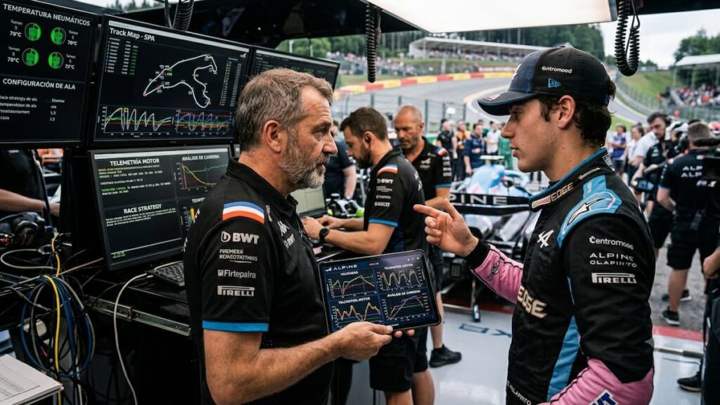 Franco Colapinto analiza la carrera junto al equipo Alpine.