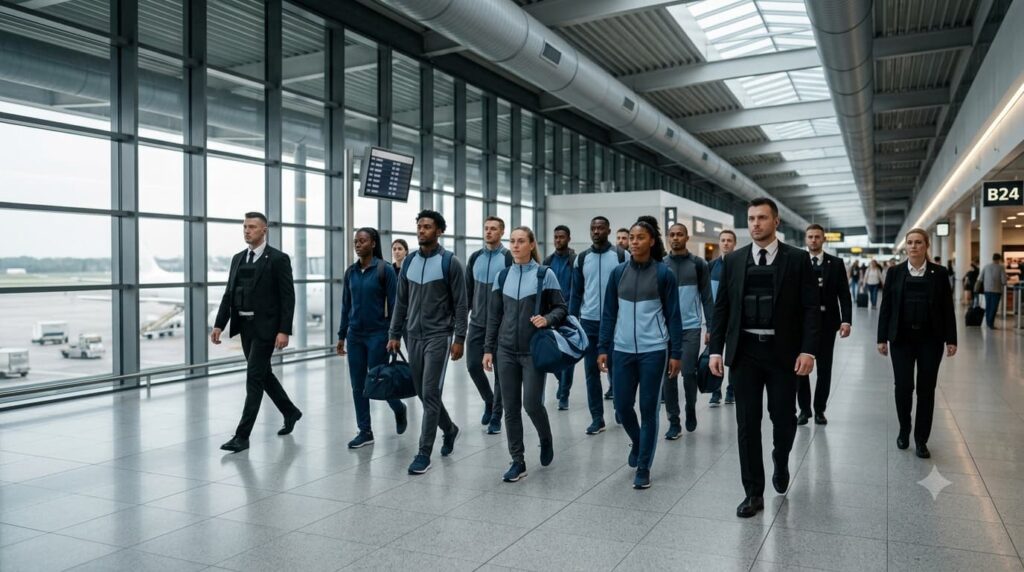 Delegación deportiva en un aeropuerto internacional.