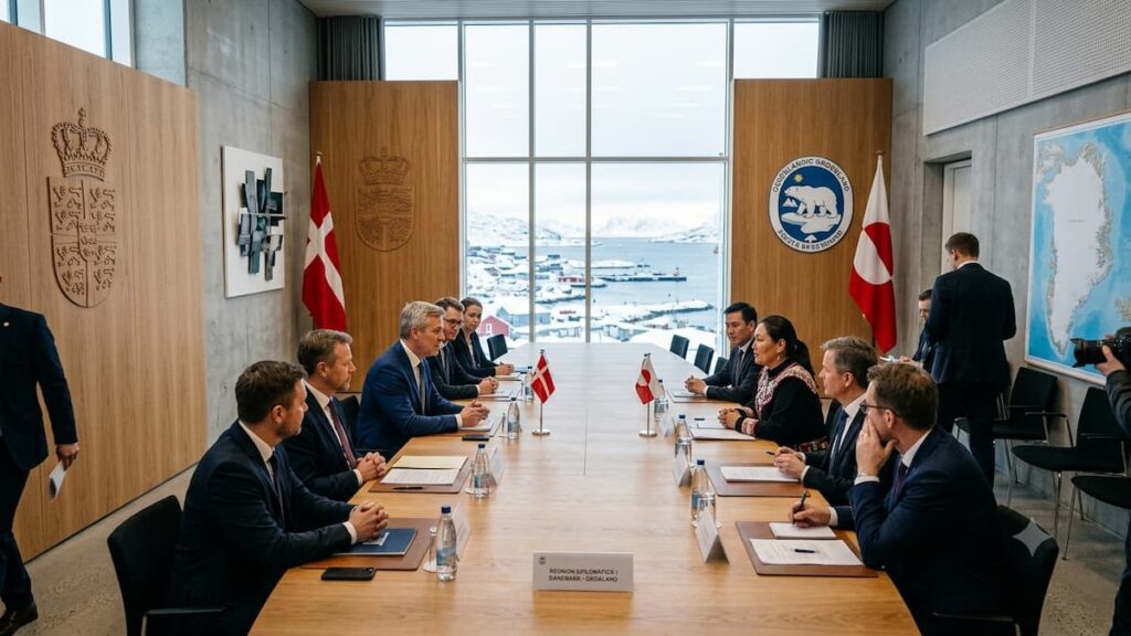 Representantes institucionales durante una reunión sobre Groenlandia.
