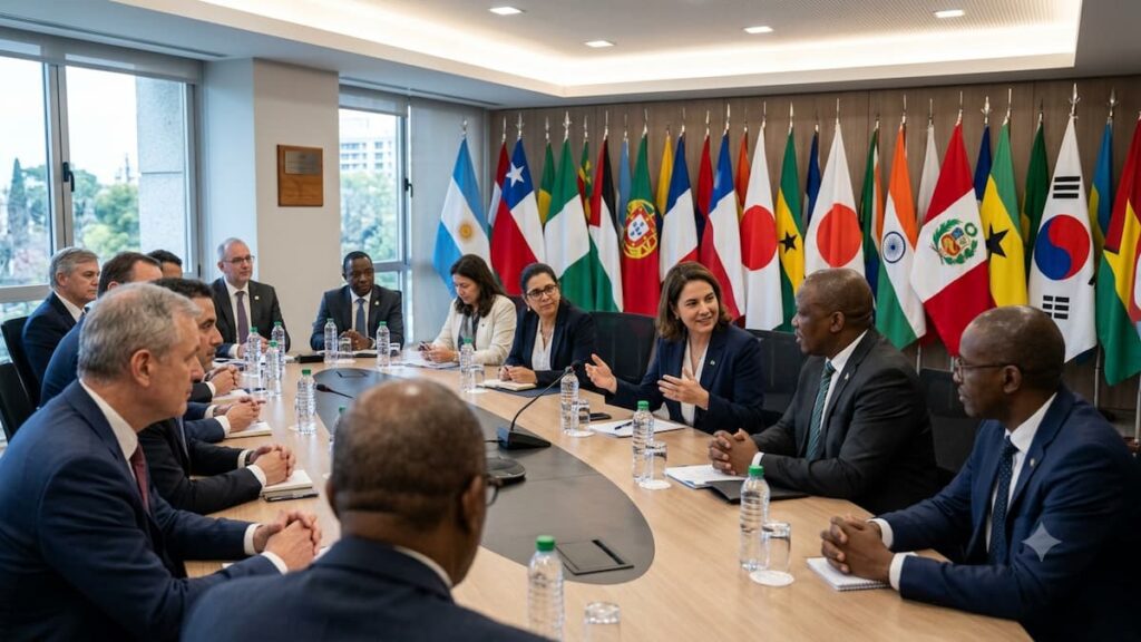 Representantes internacionales durante una reunión diplomática.