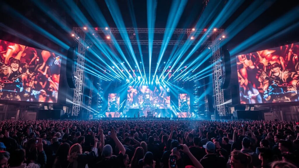 Escenario iluminado durante un concierto de K-pop.