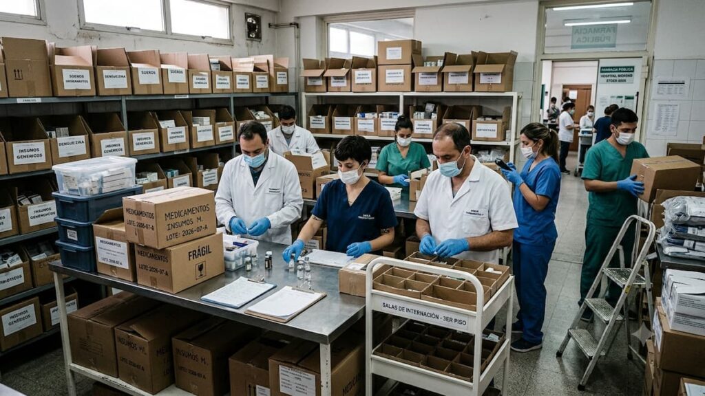 Profesionales organizan medicamentos en un hospital público.