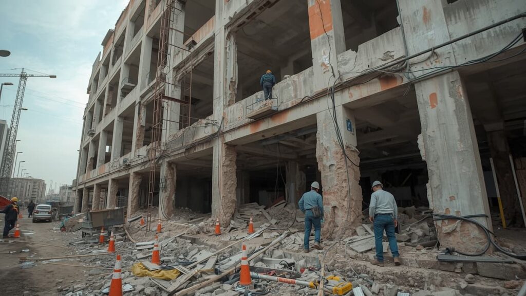 Especialistas inspeccionan edificios afectados por el terremoto.