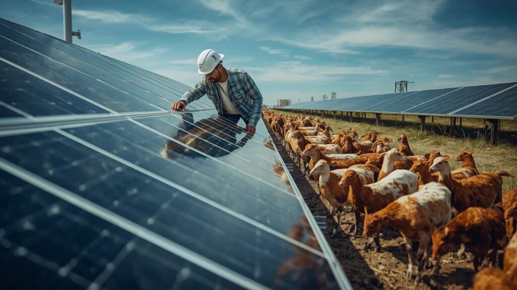 Inspección de una planta solar con ovejas pastando.