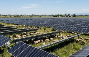 Volkswagen incorporó ovejas para mantener 31.000 paneles solares y reducir costos de mantenimiento Ovejas pastando bajo paneles solares en una planta de energía.
