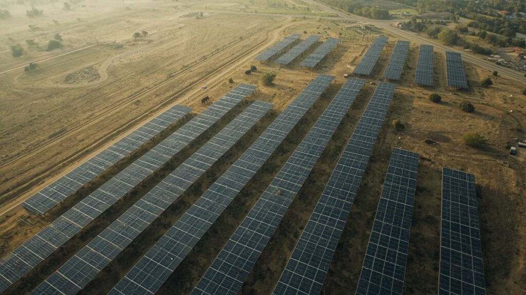 Vista aérea de un parque solar con ovejas.