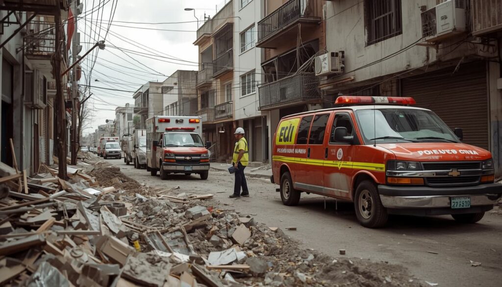Equipos de emergencia inspeccionan la zona afectada por el sismo.