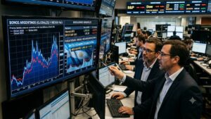 El riesgo país quedó cerca de perforar los 400 puntos y el mercado sigue atento a su evolución Pantallas con gráficos financieros sobre el riesgo país argentino.