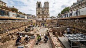 Arqueólogos descubren restos de la antigua Lutecia bajo Notre-Dame de París Excavación arqueológica frente a Notre-Dame donde aparecieron restos de la antigua Lutecia.
