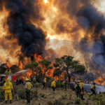 Bomberos combaten un incendio forestal en Villa Yacanto, Córdoba.