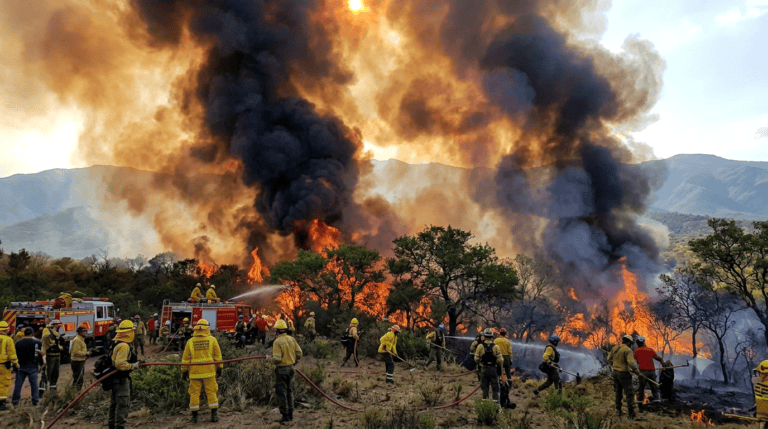 Bomberos combaten un incendio forestal en Villa Yacanto, Córdoba.