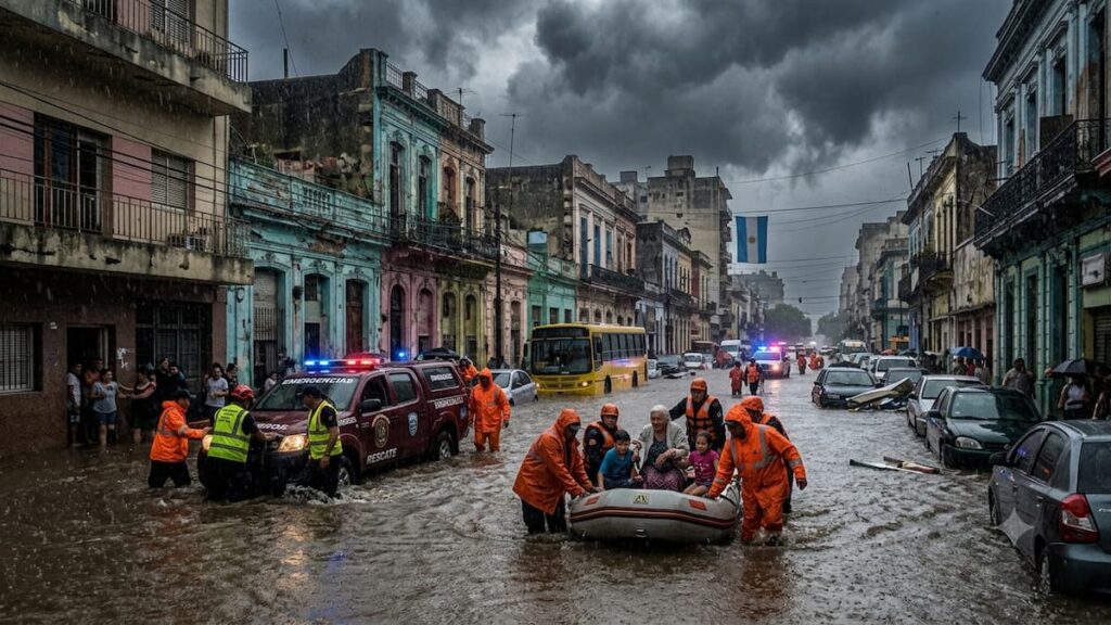 Lluvias intensas e inundaciones durante un evento climático extremo.