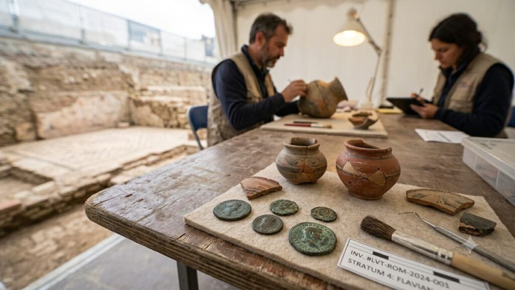 Objetos romanos encontrados durante la excavación bajo Notre-Dame.