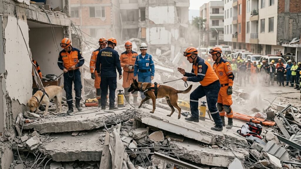 Perros de rescate trabajan entre los escombros del terremoto en Colombia