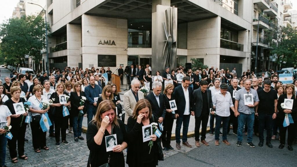 Edificio de la AMIA en Buenos Aires y homenaje a las víctimas