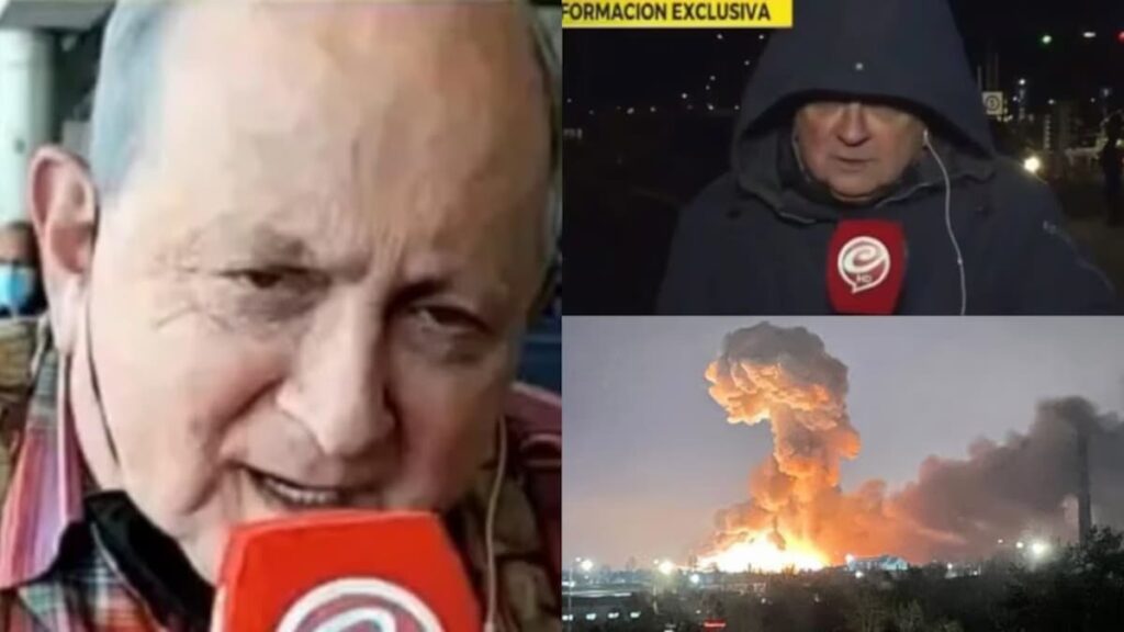 Chiche Gelblung durante su cobertura de la guerra de Ucrania