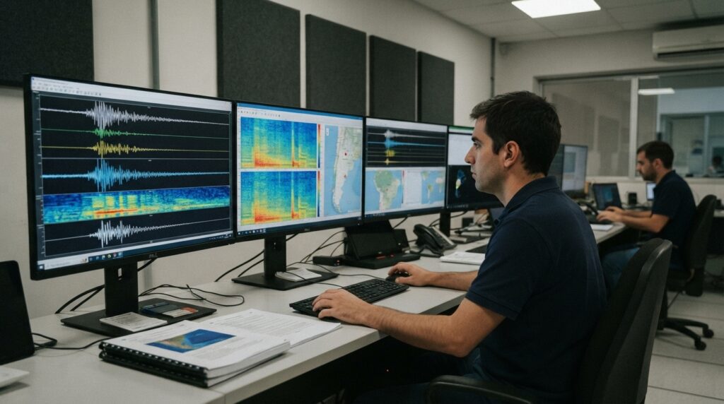 Centro de monitoreo sísmico analizando registros del temblor