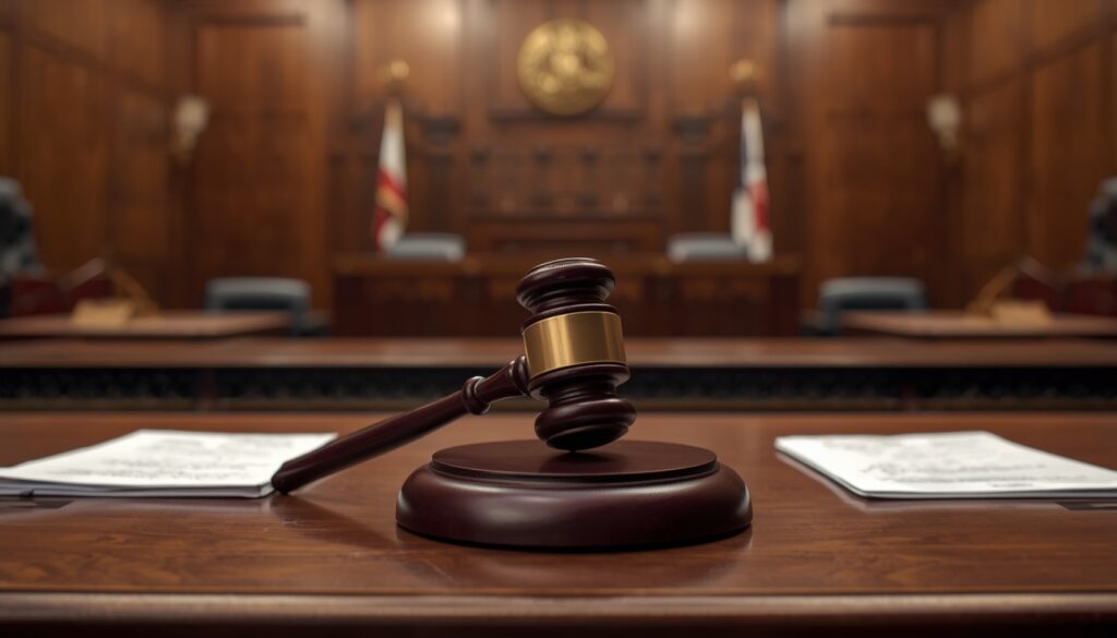 Martillo de madera en escritorio de tribunal penal