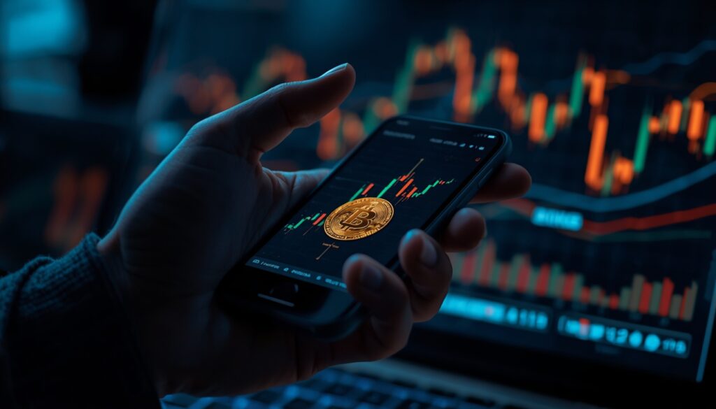 Pantalla de teléfono mostrando fluctuaciones de activos financieros y criptomonedas