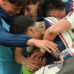 Rodríguez Pagano festeja su gol para San Lorenzo ante Riestra