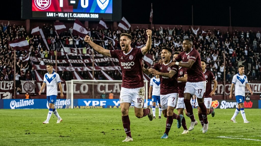 Sasha Marcich celebra el primer gol de Lanús ante Vélez